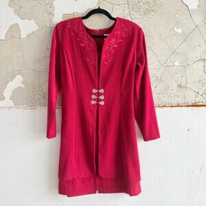 Vtg Fashion Bug Dress NWT Attached Jacket Red Embroidered 12P Retro Office Work